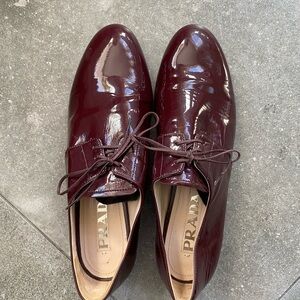 Prada Women's Burgundy Patent Leather Lace-Up Flats